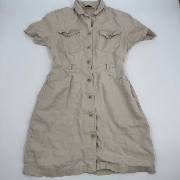 Eddie Bauer Womens Petite Button Up Utility Dress Linen Blend Tan Size Small - Picture 1 of 12